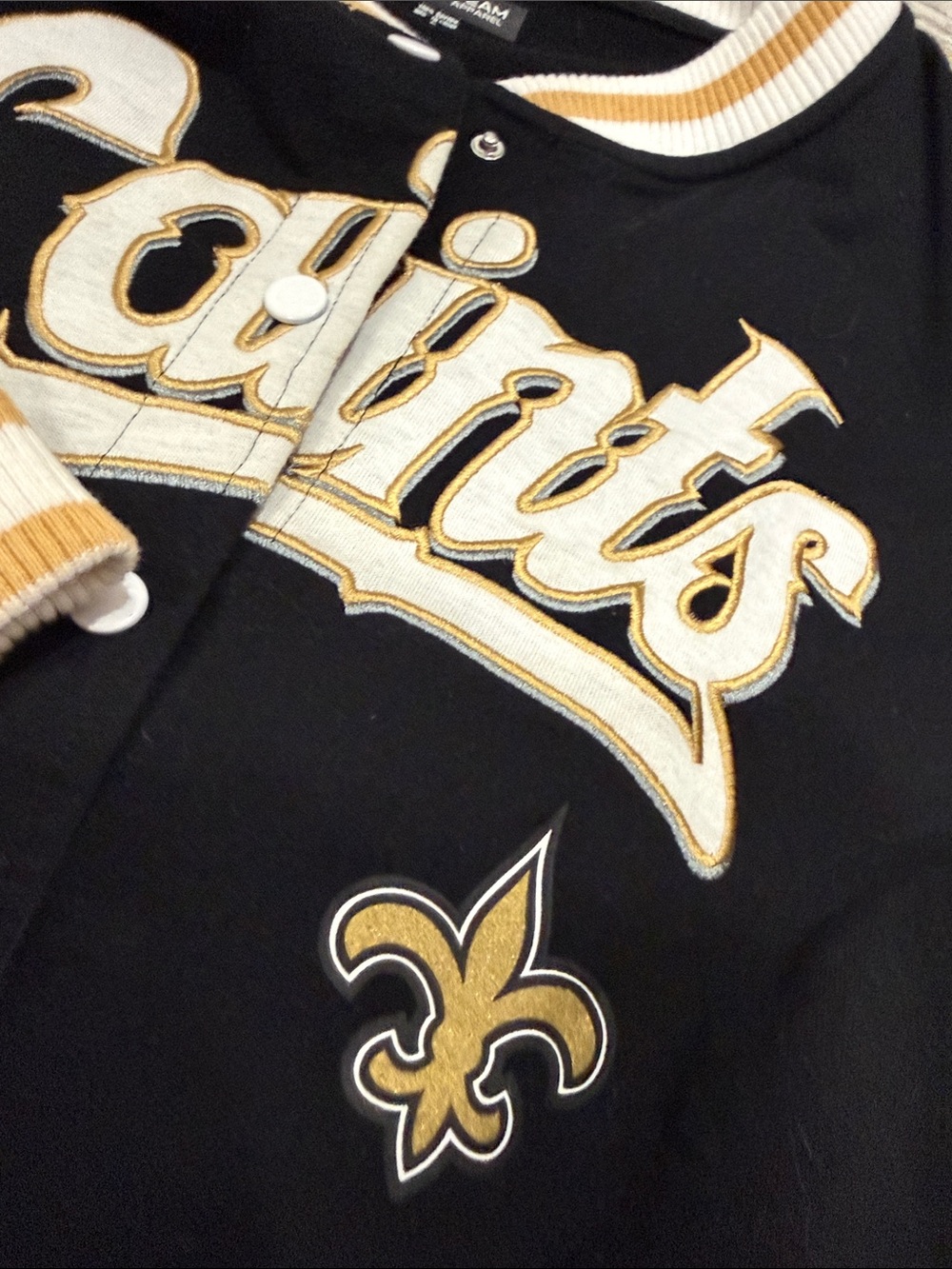 NFL Saints Black White and Gold Varsity Jacket - Picture 5 of 5